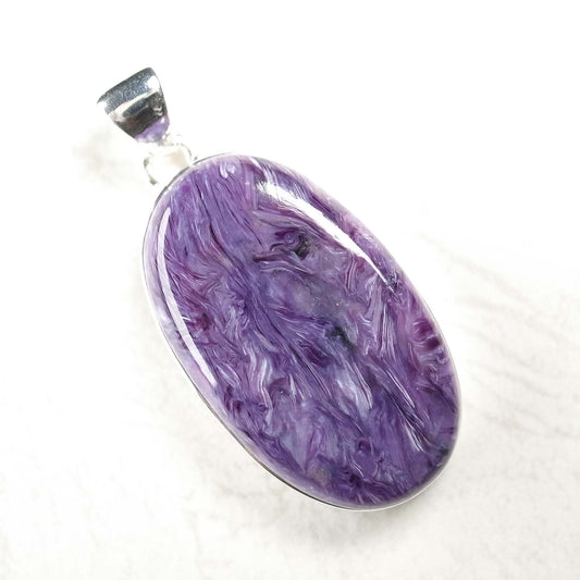 Swirling Purple Charoite Pendant in Sterling Silver 41mm 2g